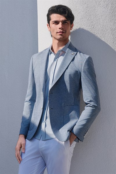 Mavi İtalyan Yaka Kısa Kol Cepsiz Slim Fit Esnek Gömlek 1004260159