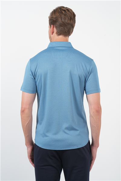 Mavi İtalyan Yaka Kısa Kol Cepsiz Slim Fit Pamuklu Gömlek 1004260158