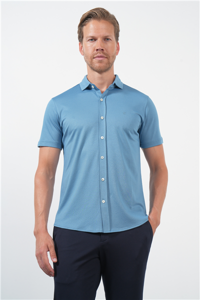 Mavi İtalyan Yaka Kısa Kol Cepsiz Slim Fit Pamuklu Gömlek 1004260158