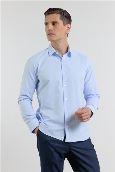 Mavi Kendinden Desenli Sert Yaka Uzun Kol Cepsiz Slim Fit Pamuklu Gömlek 1004255283