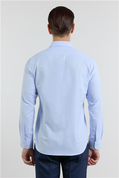Mavi Kendinden Desenli Sert Yaka Uzun Kol Cepsiz Slim Fit Pamuklu Gömlek 1004255283