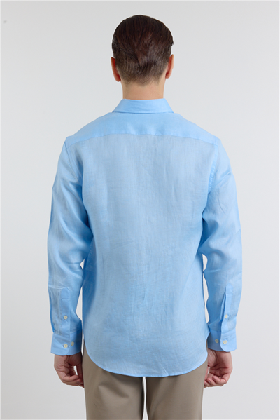 Mavi Keten Düğmeli Yaka Uzun Kol Cepsiz Slim Fit %100 Keten Gömlek 1004260161