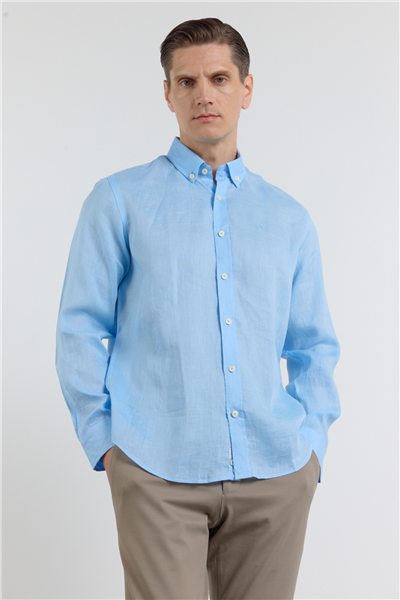 Mavi Keten Düğmeli Yaka Uzun Kol Cepsiz Slim Fit %100 Keten Gömlek 1004260161