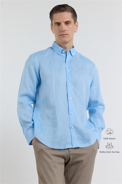 Mavi Keten Düğmeli Yaka Uzun Kol Cepsiz Slim Fit %100 Keten Gömlek 1004260161