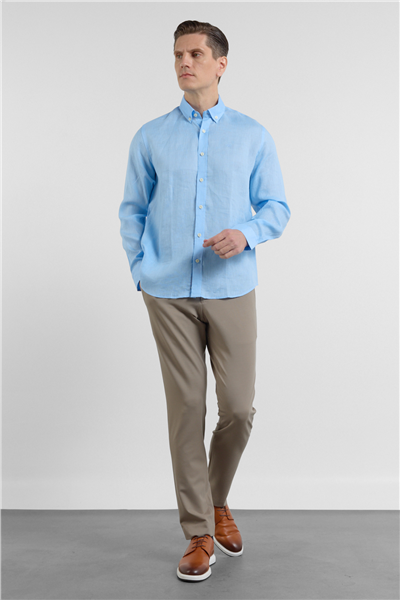 Mavi Keten Düğmeli Yaka Uzun Kol Cepsiz Slim Fit %100 Keten Gömlek 1004260161