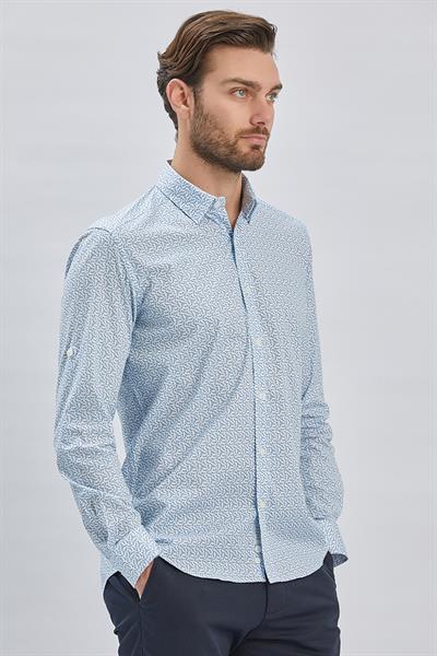 Mavi Kısalabilir Kol Baskılı Düğmeli Yaka Cepsiz Klasik Slim Fit Gömlek 1004240116