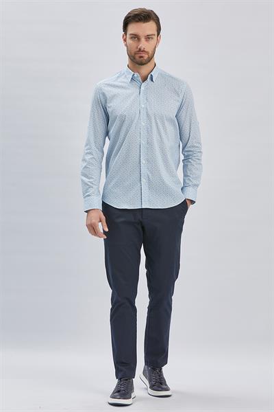 Mavi Kısalabilir Kol Baskılı Düğmeli Yaka Cepsiz Klasik Slim Fit Gömlek 1004240116