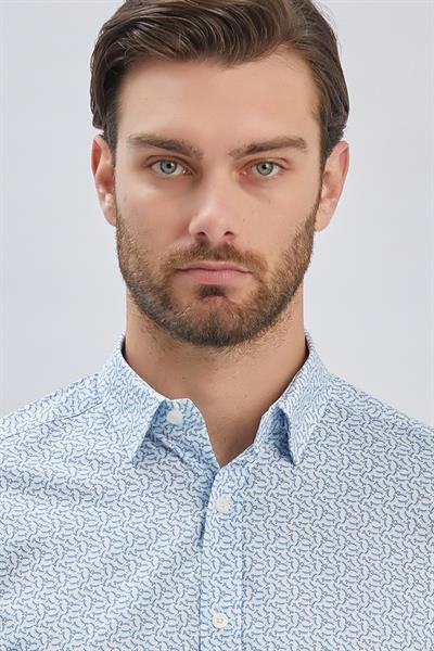 Mavi Kısalabilir Kol Baskılı Düğmeli Yaka Cepsiz Klasik Slim Fit Gömlek 1004240116