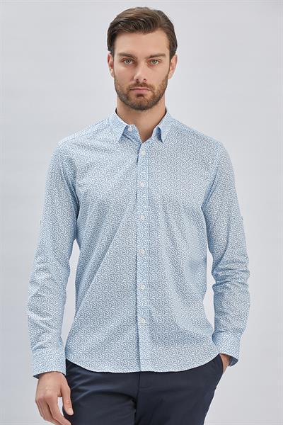 Mavi Kısalabilir Kol Baskılı Düğmeli Yaka Cepsiz Klasik Slim Fit Gömlek 1004240116