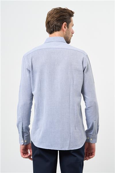 Mavi Kısalabilir Kollu Armürlü Biritli Yaka Pamuklu Casual Slim Fit Dar Kesim Gömlek 1004240202