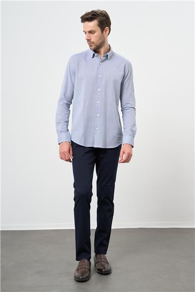 Mavi Kısalabilir Kollu Armürlü Biritli Yaka Pamuklu Casual Slim Fit Dar Kesim Gömlek 1004240202