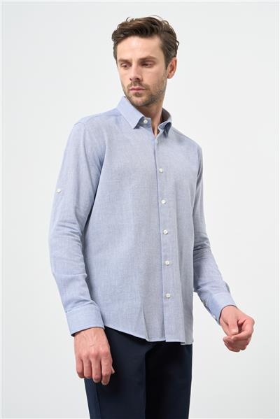 Mavi Kısalabilir Kollu Armürlü Biritli Yaka Pamuklu Casual Slim Fit Dar Kesim Gömlek 1004240202