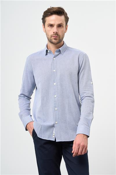 Mavi Kısalabilir Kollu Armürlü Biritli Yaka Pamuklu Casual Slim Fit Dar Kesim Gömlek 1004240202