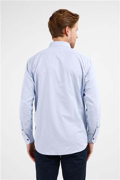 Mavi-Lacivert Çizgili Desen Sert Yaka Uzun Kol Cepli Comfort Fit Pamuklu Gömlek 1004255276