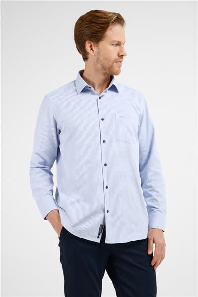 Mavi-Lacivert Çizgili Desen Sert Yaka Uzun Kol Cepli Comfort Fit Pamuklu Gömlek 1004255276