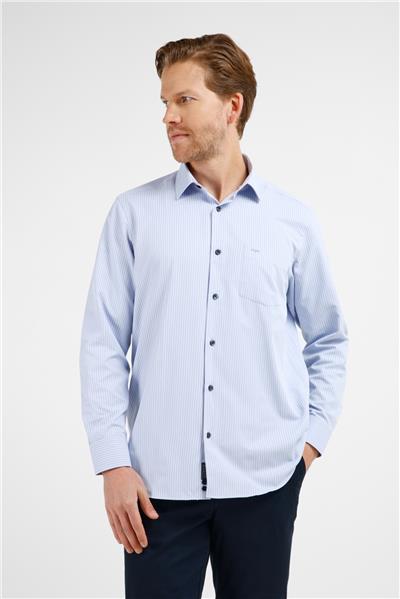 Mavi-Lacivert Çizgili Desen Sert Yaka Uzun Kol Cepli Comfort Fit Pamuklu Gömlek 1004255276