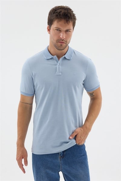 Açık Mavi Polo Yaka Pike Kısa Kol Slim Fit %100 Pamuk Tişört 1011260171