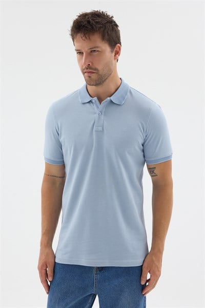 Açık Mavi Polo Yaka Pike Kısa Kol Slim Fit %100 Pamuk Tişört 1011260171