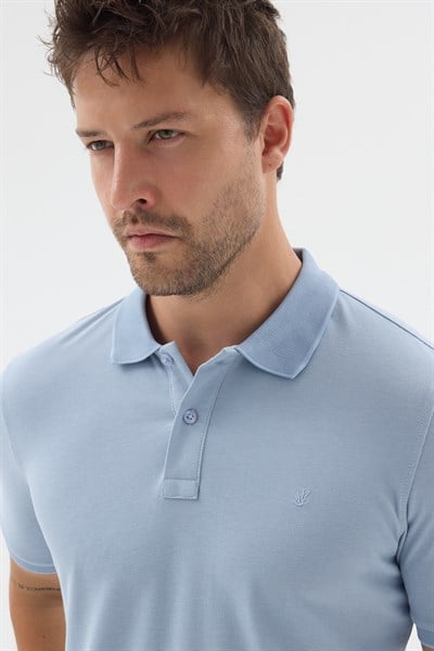 Açık Mavi Polo Yaka Pike Kısa Kol Slim Fit %100 Pamuk Tişört 1011260171