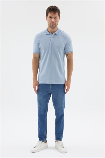 Açık Mavi Polo Yaka Pike Kısa Kol Slim Fit %100 Pamuk Tişört 1011260171