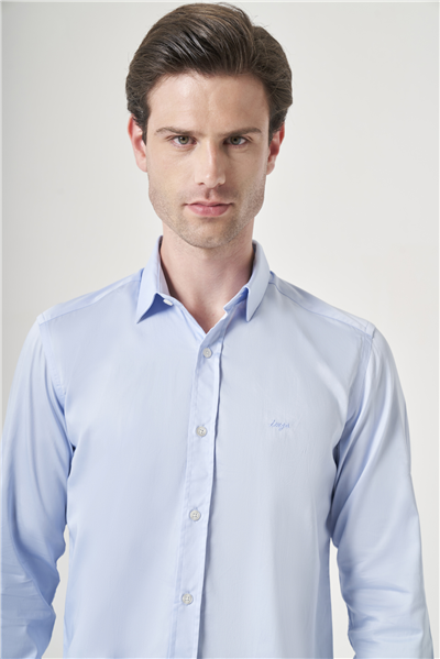 Mavi Sert Yaka Uzun Kol Cepsiz Saten Slim Fit %100 Pamuk Gömlek 1004260424