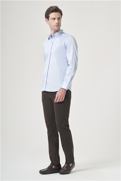 Mavi Sert Yaka Uzun Kol Cepsiz Saten Slim Fit %100 Pamuk Gömlek 1004260424