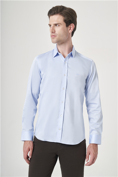 Mavi Sert Yaka Uzun Kol Cepsiz Saten Slim Fit %100 Pamuk Gömlek 1004260424