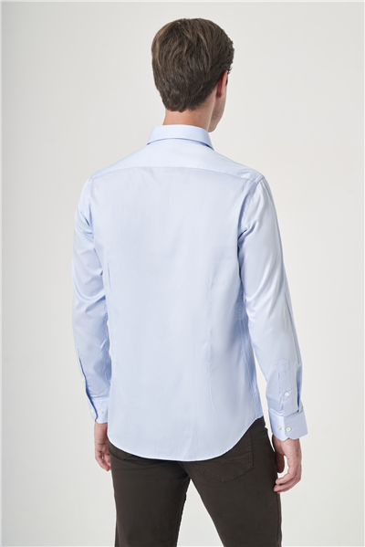Mavi Sert Yaka Uzun Kol Cepsiz Saten Slim Fit %100 Pamuk Gömlek 1004260424