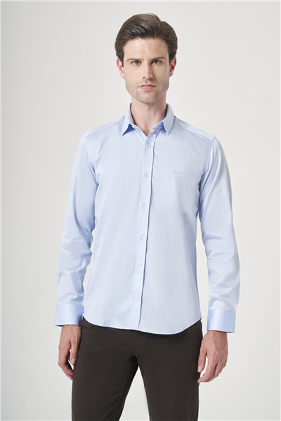 Mavi Sert Yaka Uzun Kol Cepsiz Saten Slim Fit %100 Pamuk Gömlek 1004260424