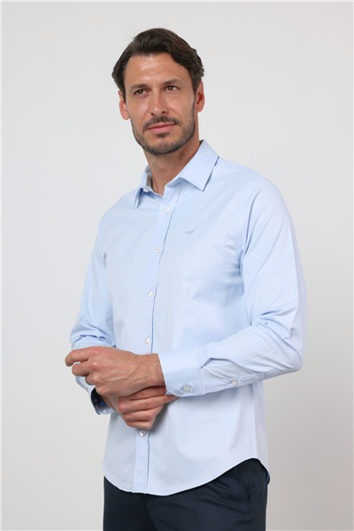 Mavi Sert Yaka Uzun Kol Cepsiz Slim Fit Pamuklu Gömlek 1004260213