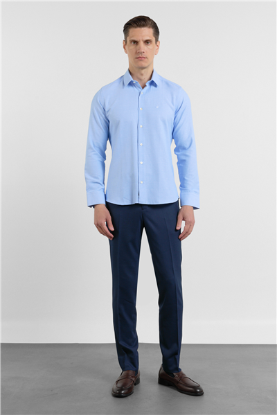 Mavi Sert Yaka Uzun Kol Cepsiz Slim Fit Pamuklu Gömlek 1004255284