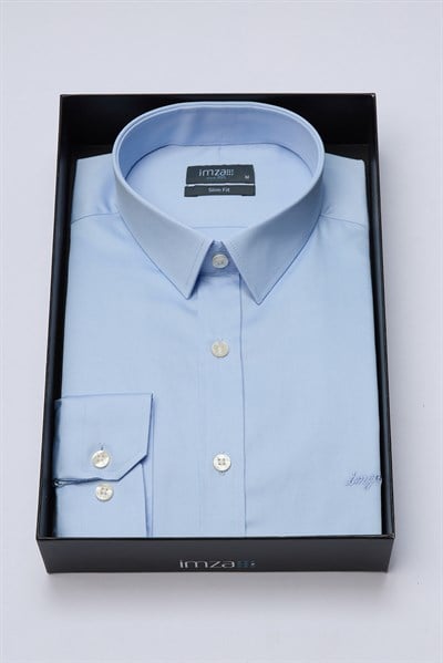Mavi Sert Yaka Uzun Kol Cepsiz Slim Fit %100 Pamuk Gömlek 1004260324