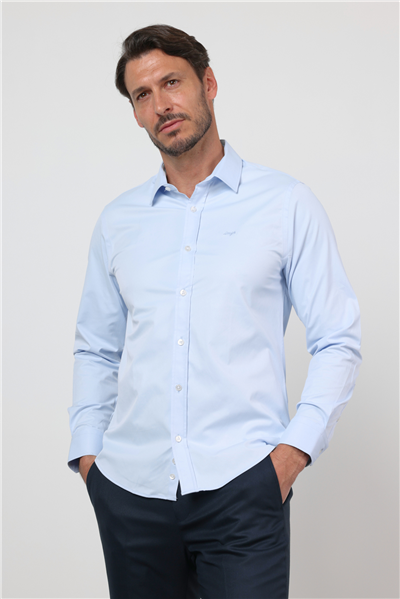 Mavi Sert Yaka Uzun Kol Cepsiz Slim Fit Pamuklu Gömlek 1004260213