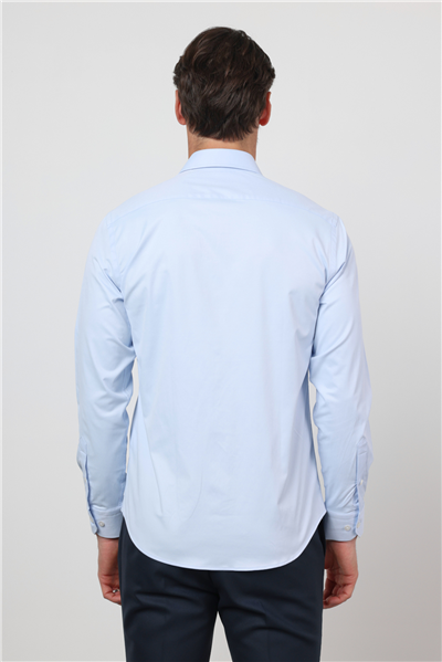 Mavi Sert Yaka Uzun Kol Cepsiz Slim Fit Pamuklu Gömlek 1004260213