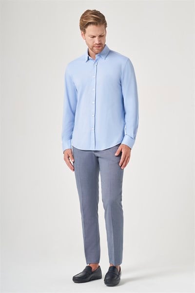 Mavi Tulum Yaka Uzun Kol Cepsiz Örme Slim Fit Pamuklu Gömlek 1004260208