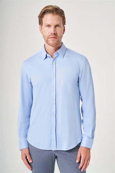Mavi Tulum Yaka Uzun Kol Cepsiz Örme Slim Fit Pamuklu Gömlek 1004260208