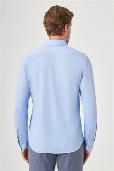 Mavi Tulum Yaka Uzun Kol Cepsiz Örme Slim Fit Pamuklu Gömlek 1004260208