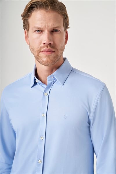 Mavi Tulum Yaka Uzun Kol Cepsiz Örme Slim Fit Pamuklu Gömlek 1004260208
