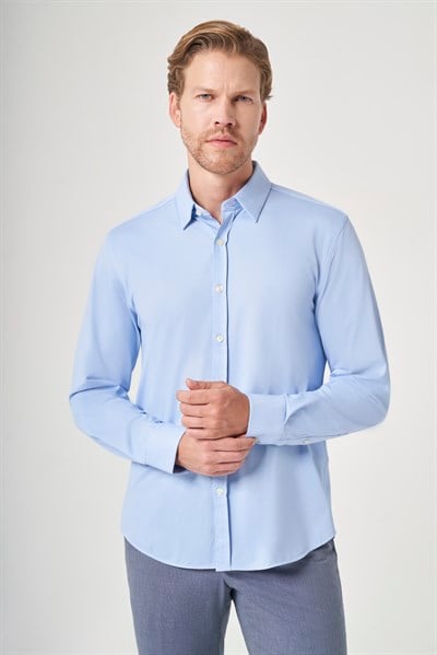 Mavi Tulum Yaka Uzun Kol Cepsiz Örme Slim Fit Pamuklu Gömlek 1004260208