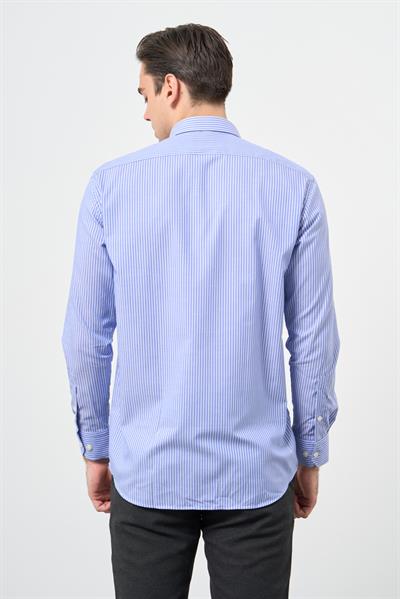 Mavi Uzun Kol Desen Yarım İtalyan Yaka Cepli Pamuklu Classic Comfort Fit Gömlek 1004245195
