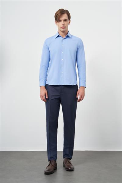 Mavi Uzun Kol Düz Bez Ayağı Sert Yaka Cepsiz Pamuklu Classic Slim Fit Gömlek 1004245267