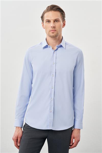 Mavi Uzun Kol Düz Bez Ayağı Sert Yaka Cepsiz Esnek Classic Slim Fit Gömlek 1004245223_301