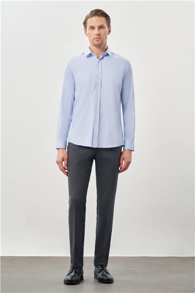 Mavi Uzun Kol Düz Bez Ayağı Sert Yaka Cepsiz Esnek Classic Slim Fit Gömlek 1004245223_301