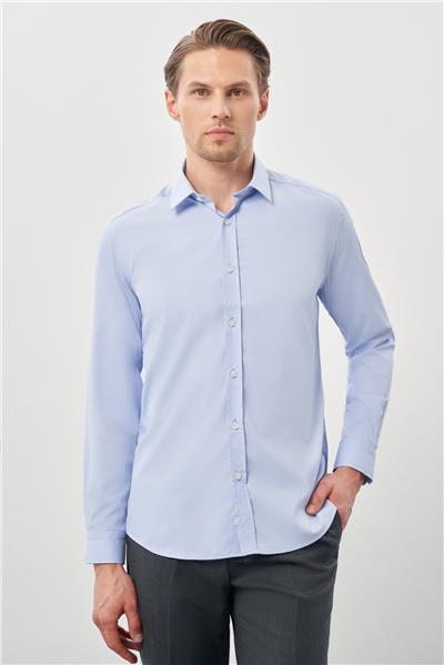 Mavi Uzun Kol Düz Bez Ayağı Sert Yaka Cepsiz Esnek Classic Slim Fit Gömlek 1004245223_301