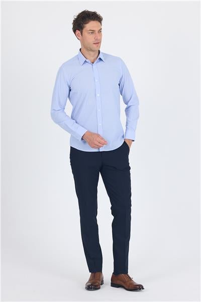 Mavi Uzun Kol Filafil Desen Filafil Sert Yaka Cepsiz Pamuklu Basic Slim Fit Gömlek 1004250008