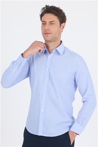 Mavi Uzun Kol Filafil Desen Filafil Sert Yaka Cepsiz Pamuklu Basic Slim Fit Gömlek 1004250008