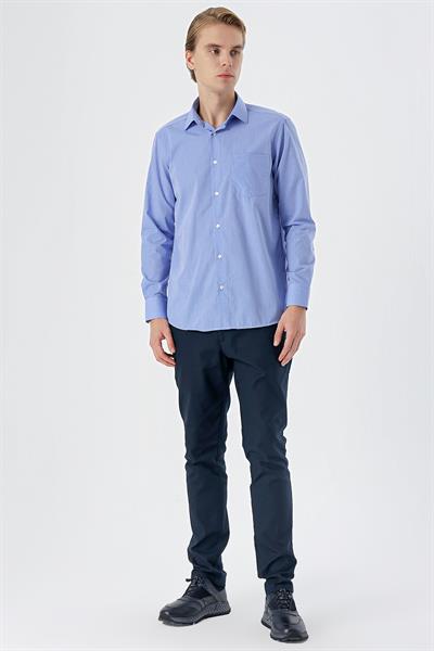 Mavi Uzun Kol Filafil Desen Filafil Sert Yaka Cepli Pamuklu Basic Comfort Fit Gömlek 1004245002