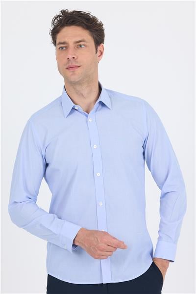 Mavi Uzun Kol Filafil Desen Filafil Sert Yaka Cepsiz Pamuklu Basic Slim Fit Gömlek 1004250008