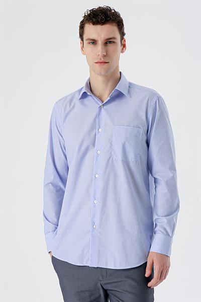 Mavi Uzun Kol Filafil Desen Filafil Sert Yaka Cepli Pamuklu Basic Comfort Fit Gömlek 1004245002