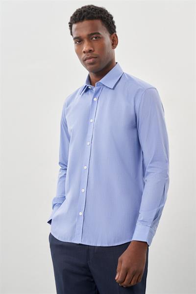 Mavi Uzun Kol Filafil Desen Filafil Sert Yaka Cepsiz Pamuklu Basic Slim Fit Gömlek 1004250008